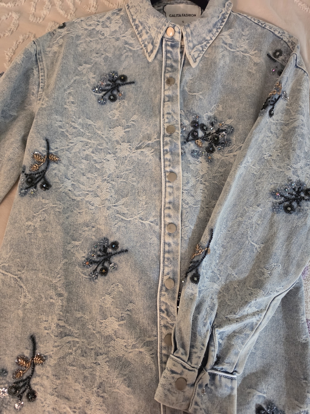 Light Blue Floral Embroidered-Lace detail Denim Shaket And Pant Set - Women-SM - Picture 8 of 16